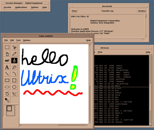 Ultrix UI fully booted with a graphical paint program and a terminal open