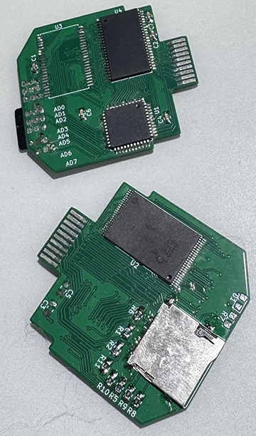 Two hand-assembled pixter classic carts with a NOR flash, BEX chip, and a micro SD card slot