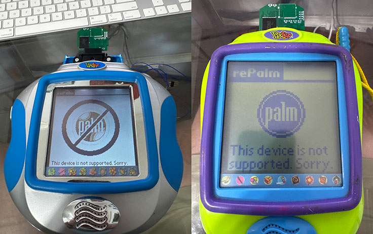 Pixter Color and Pixter classic side by side showing a 'no PalmOS' humorous error message. Pixter Color's screen is not pixelated nor monochrome