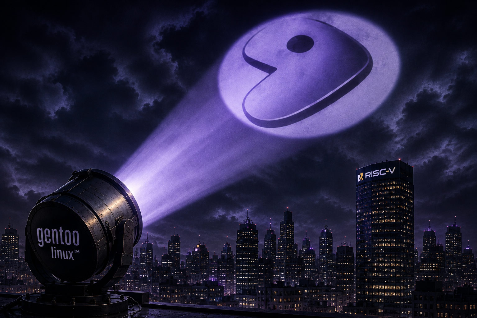 Bat-Signal style gento logo over the RISC-V headquarters