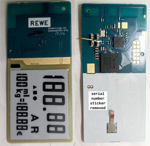 A picture of the front and back of a segmented e-Ink SoluM ESL device